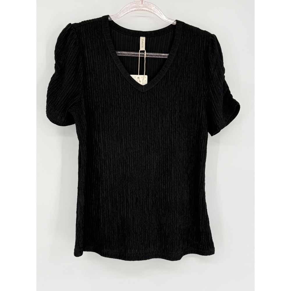 Evaless Black Textured V Neck Puff Sleeve Top‎ Women's Size M